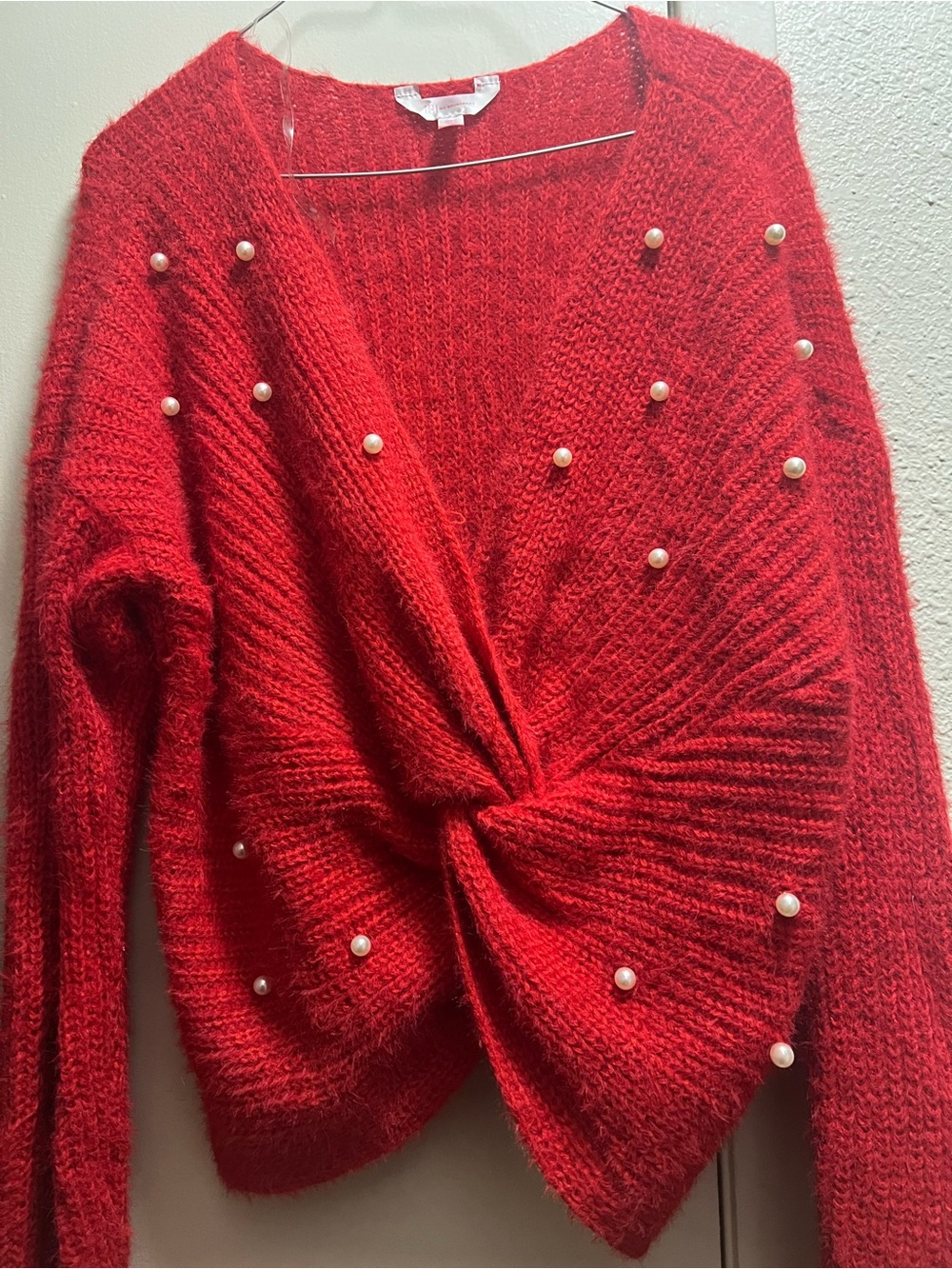 No Boundaries Red Pearl-Accent Twist V‑Neck Sweater